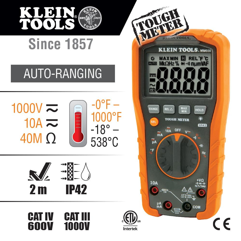 MM600 Multimeter, Digital Auto-Ranging, AC/DC Voltage and Current, Temperature, Frequency, Continuity, More, 1000V, Orange